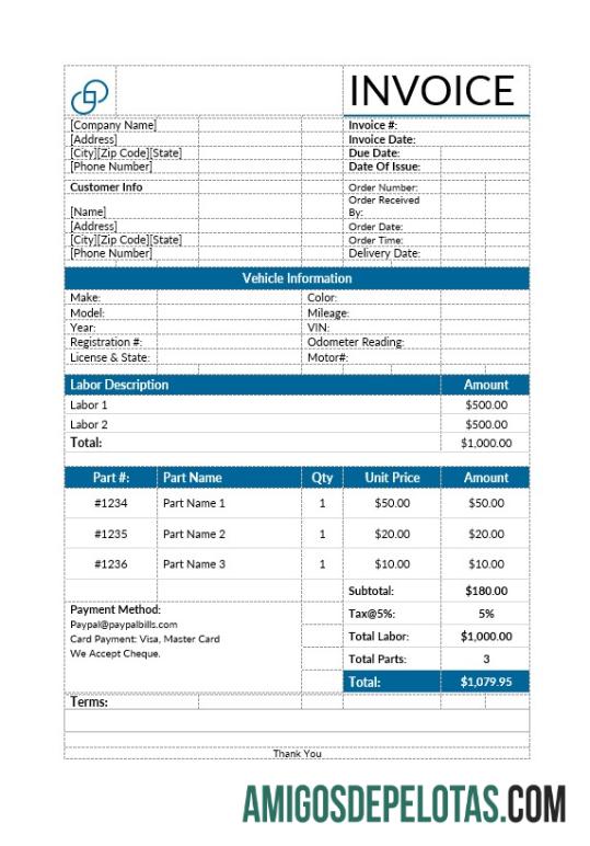 para download Modelo de fatura de serviço de conserto de automóveis